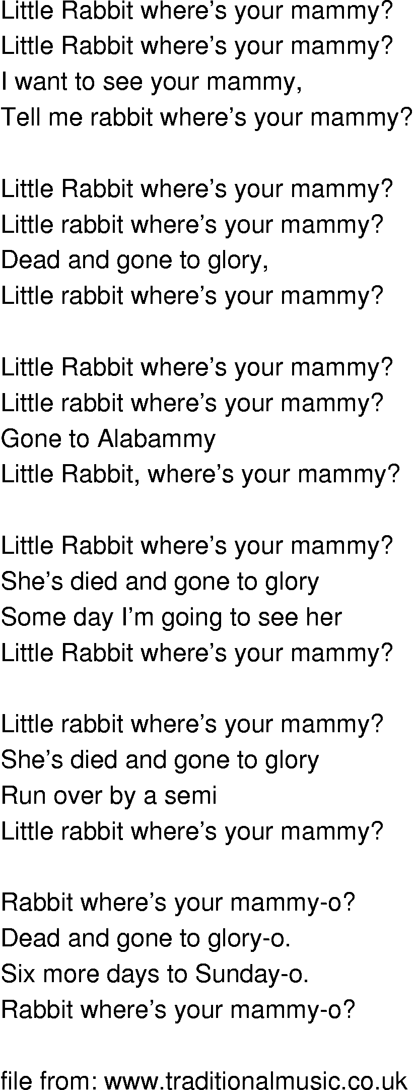 Old-Time (oldtimey) Song Lyrics - little rabbit wheres your mammy