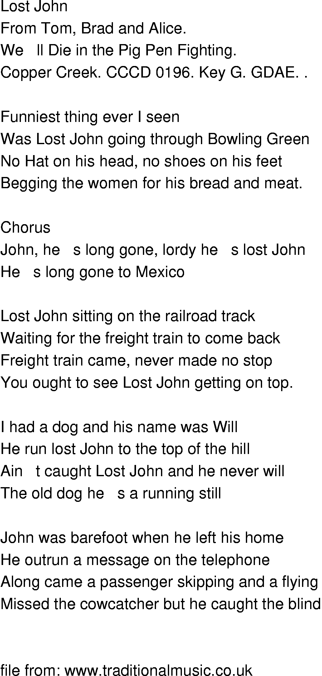 Old-Time (oldtimey) Song Lyrics - lost john