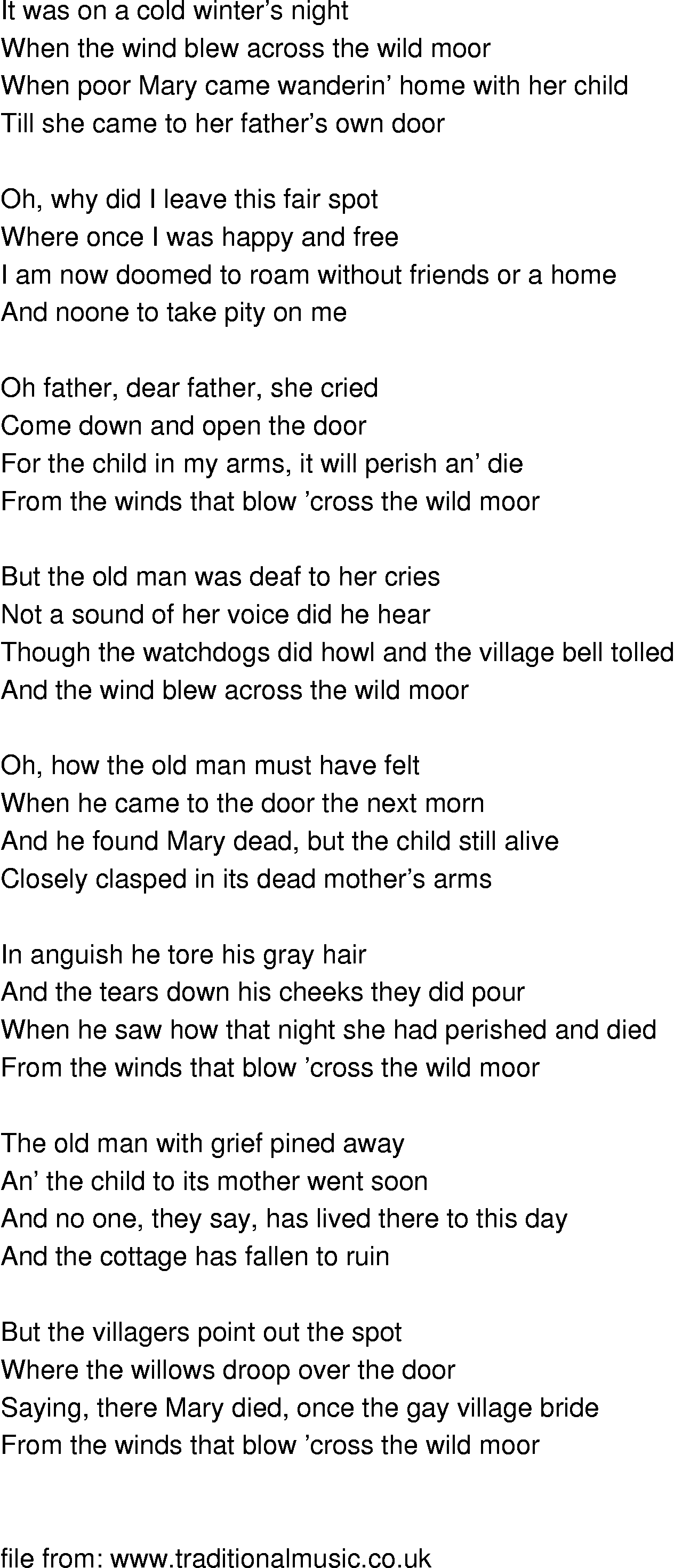 Old-Time (oldtimey) Song Lyrics - mary of the wild moor