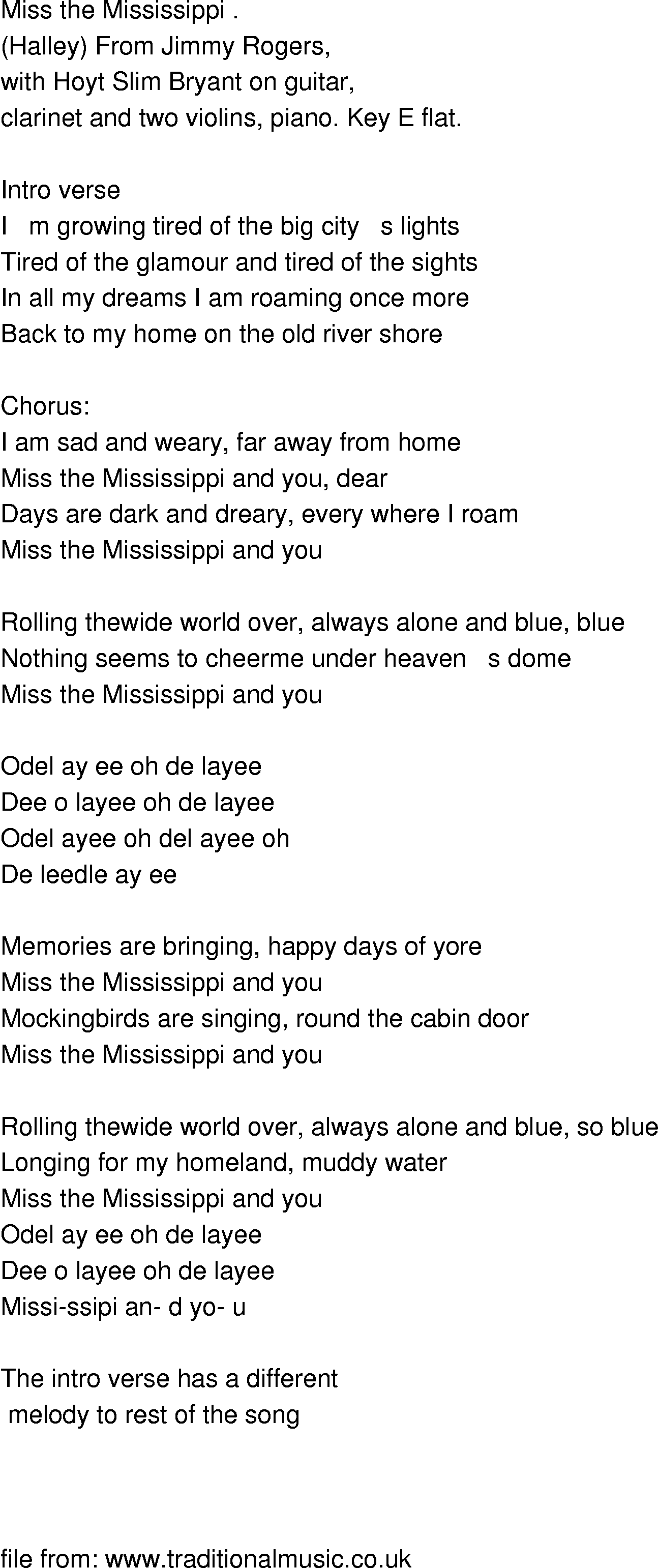 Old-Time (oldtimey) Song Lyrics - miss the mississippi