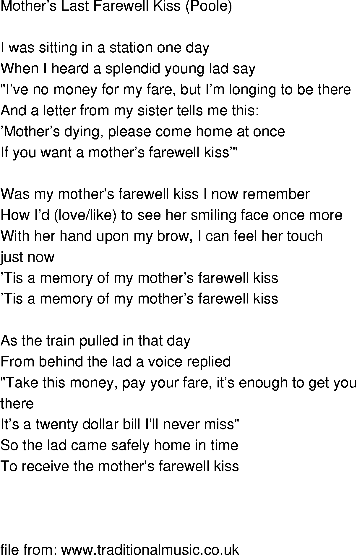Old-Time (oldtimey) Song Lyrics - mothers last farewell kiss