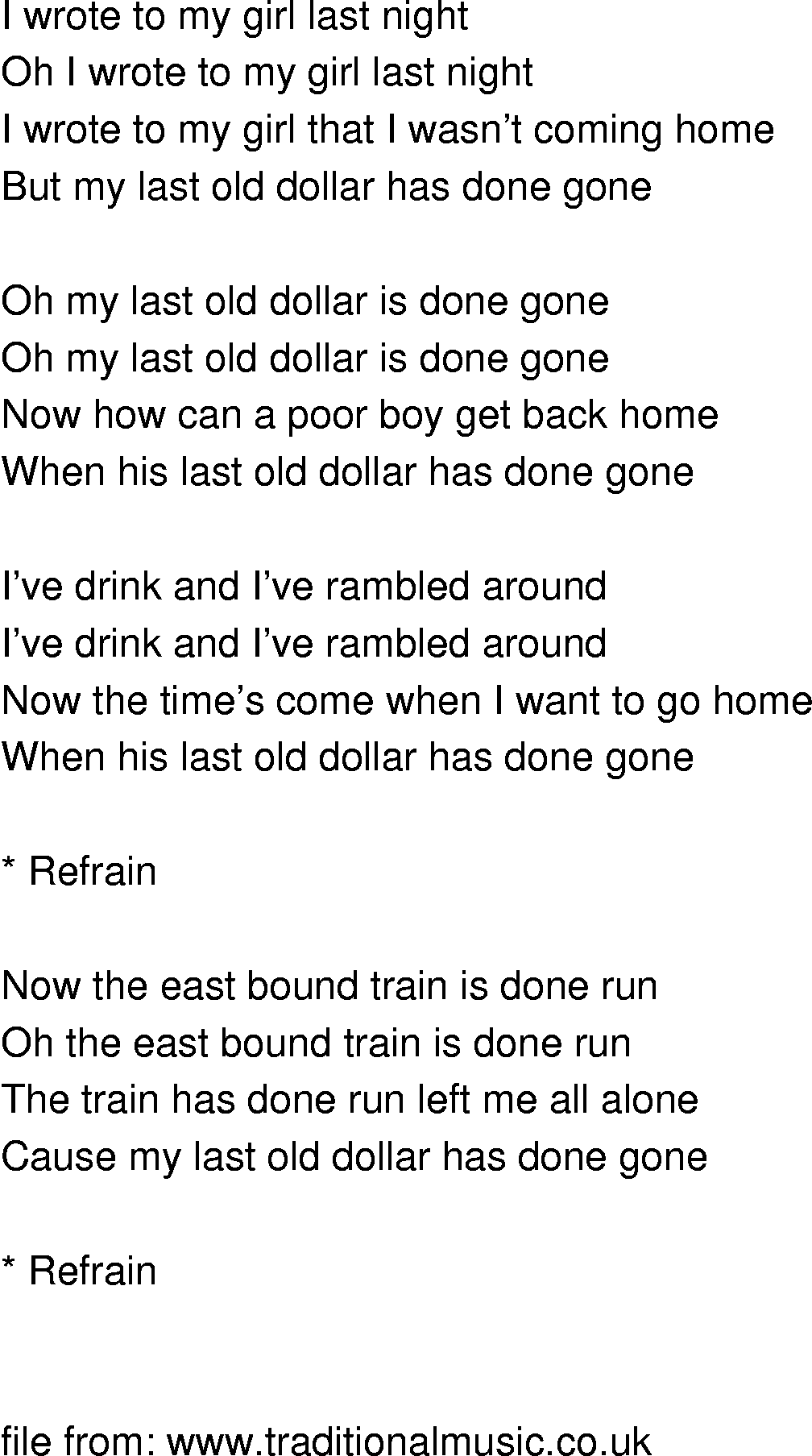 Old-Time (oldtimey) Song Lyrics - my last ol dollar