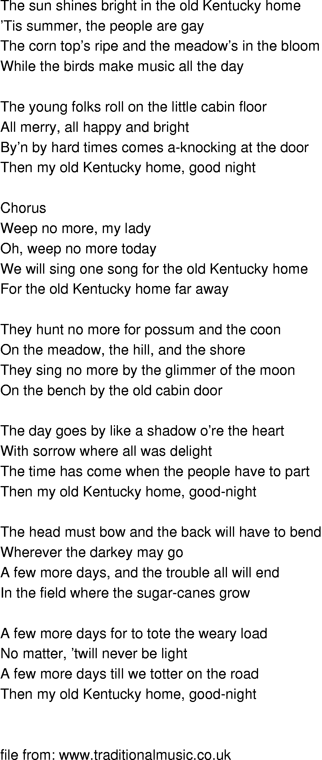 Old-Time (oldtimey) Song Lyrics - my old kentucky home
