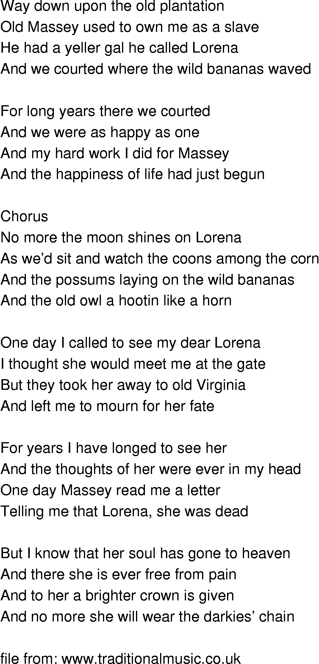 Old-Time (oldtimey) Song Lyrics - no more the moon shines on lorena