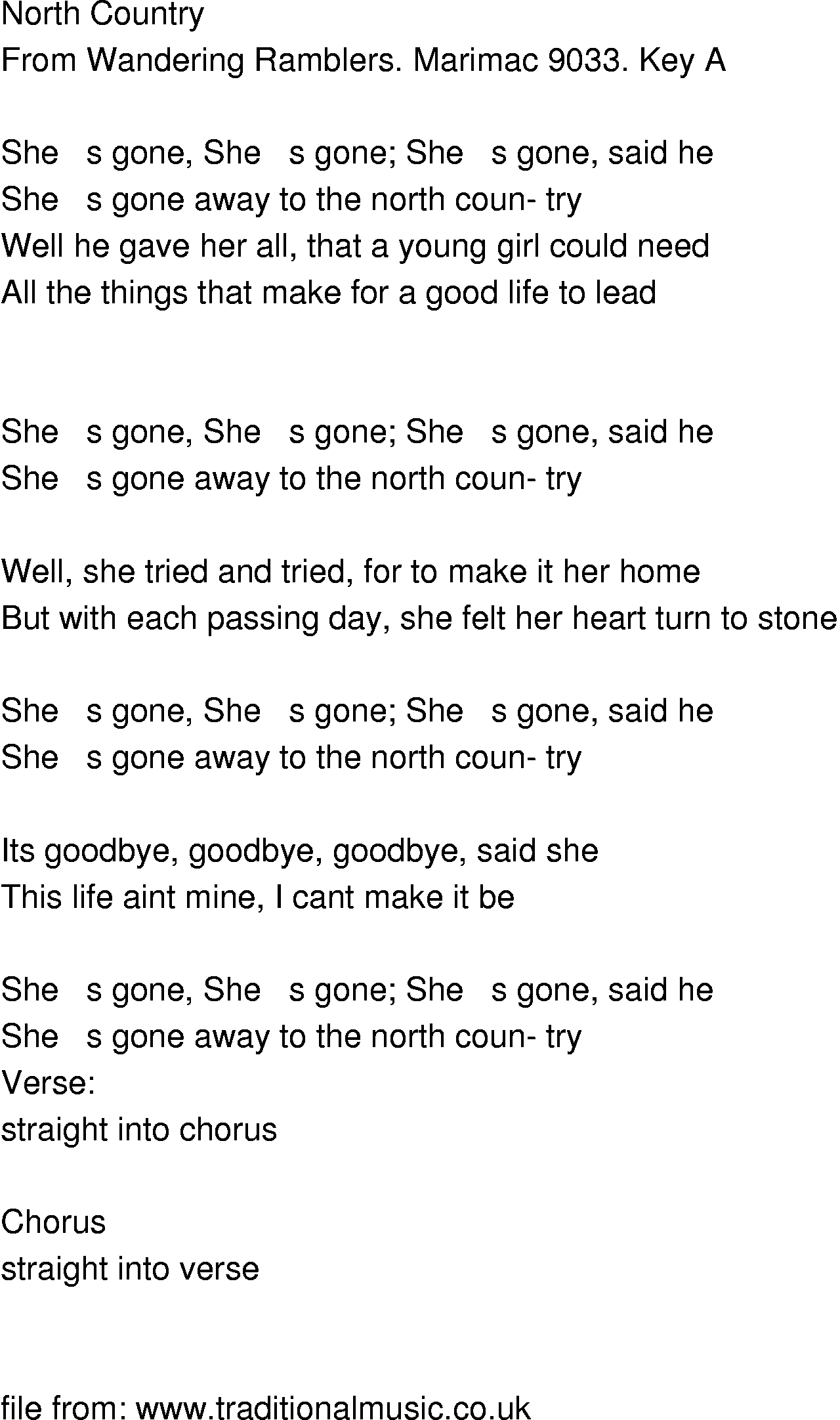 Old-Time (oldtimey) Song Lyrics - north country
