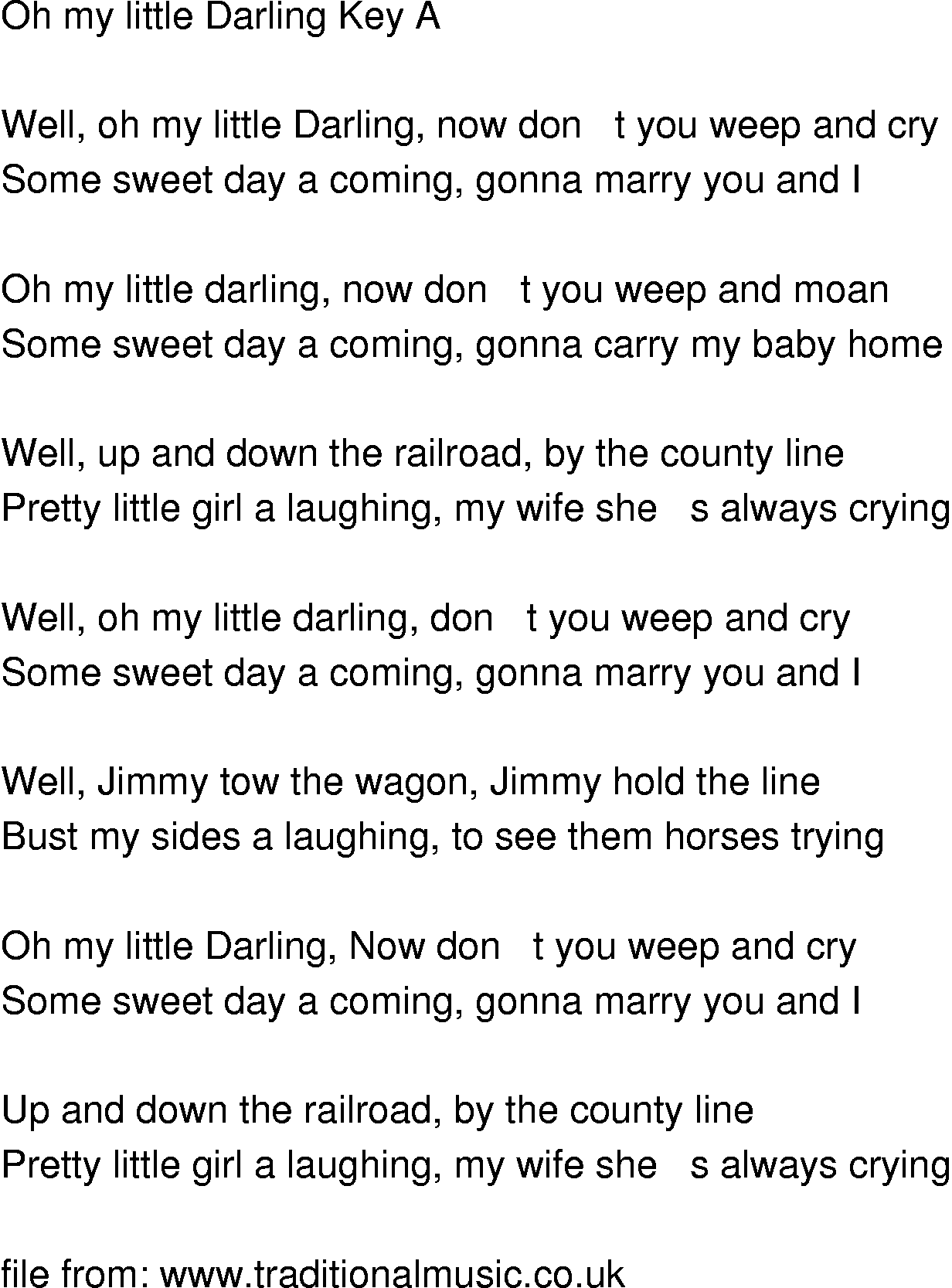 Old-Time (oldtimey) Song Lyrics - oh my little darling