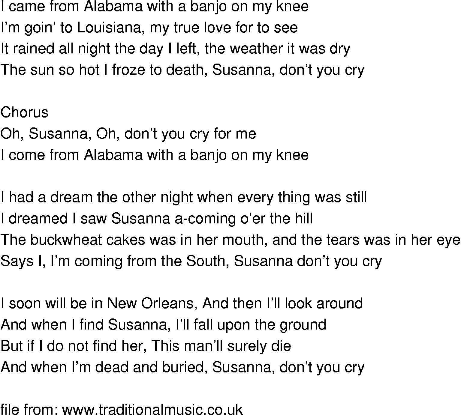 Old-Time (oldtimey) Song Lyrics - oh susanna