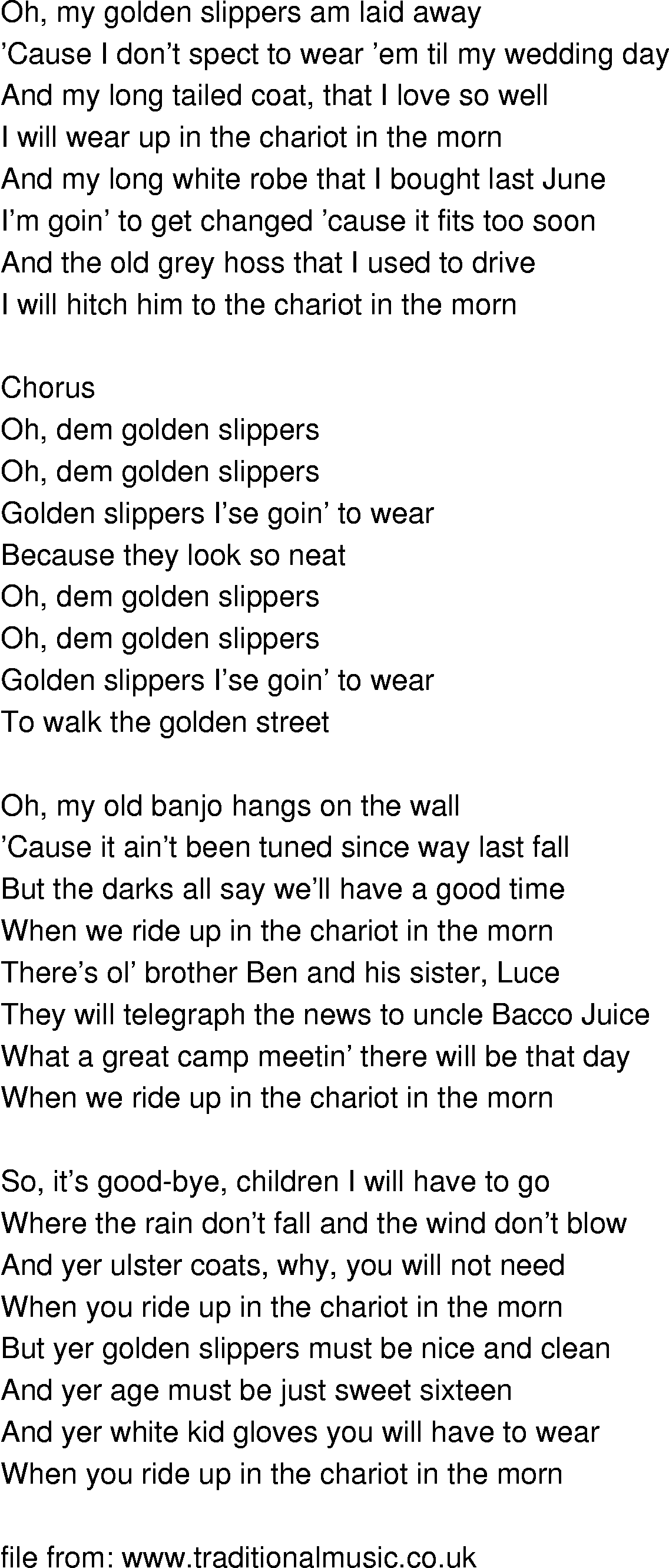 Old-Time (oldtimey) Song Lyrics - oh them golden slippers