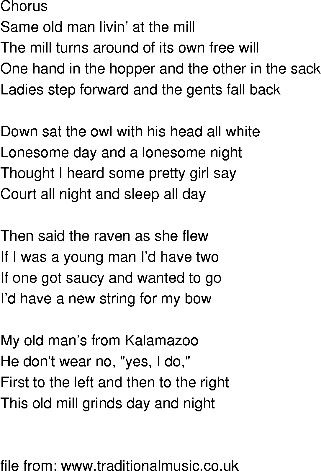 Old-Time (oldtimey) Song Lyrics - old man at the mill