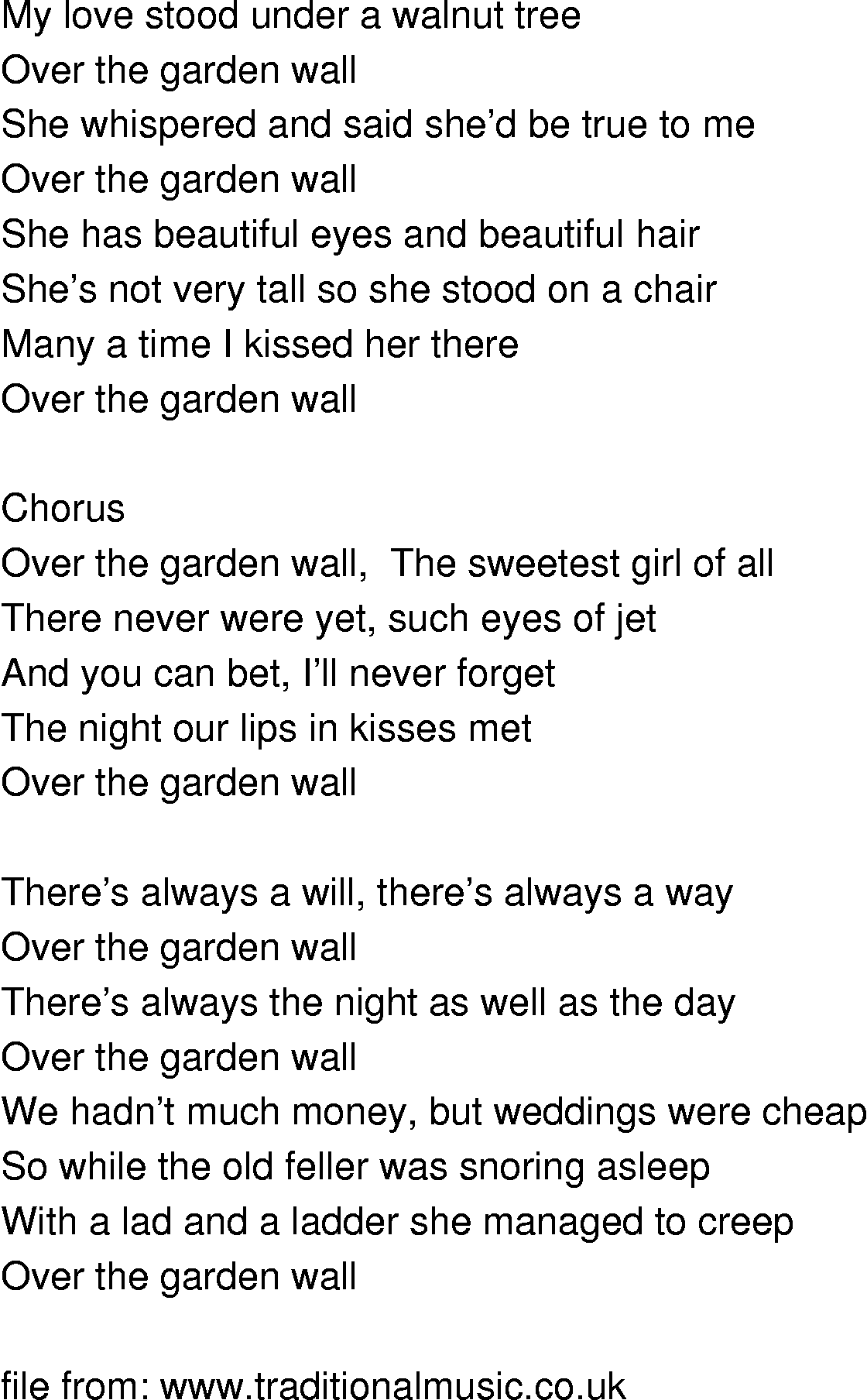 Old Time Song Lyrics Over The Garden Wall