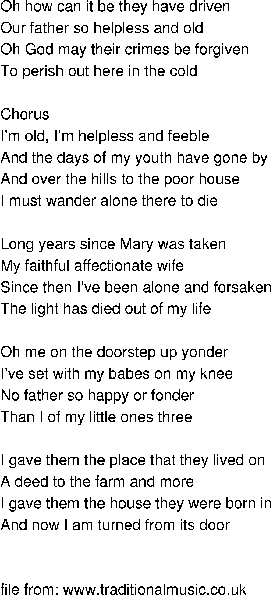 Old-Time (oldtimey) Song Lyrics - over the hills to the poorhouse