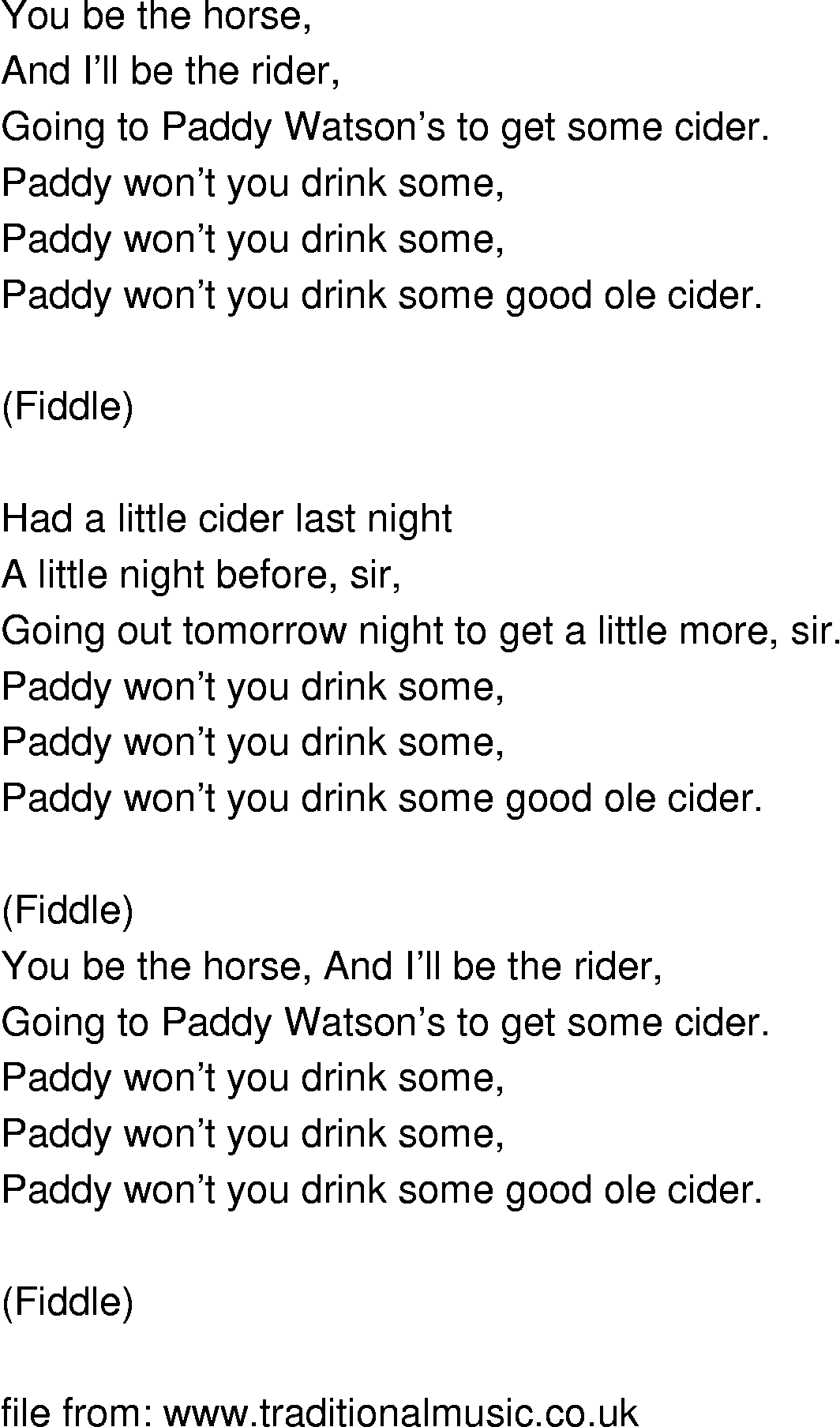 Old-Time (oldtimey) Song Lyrics - paddy won't you drink some