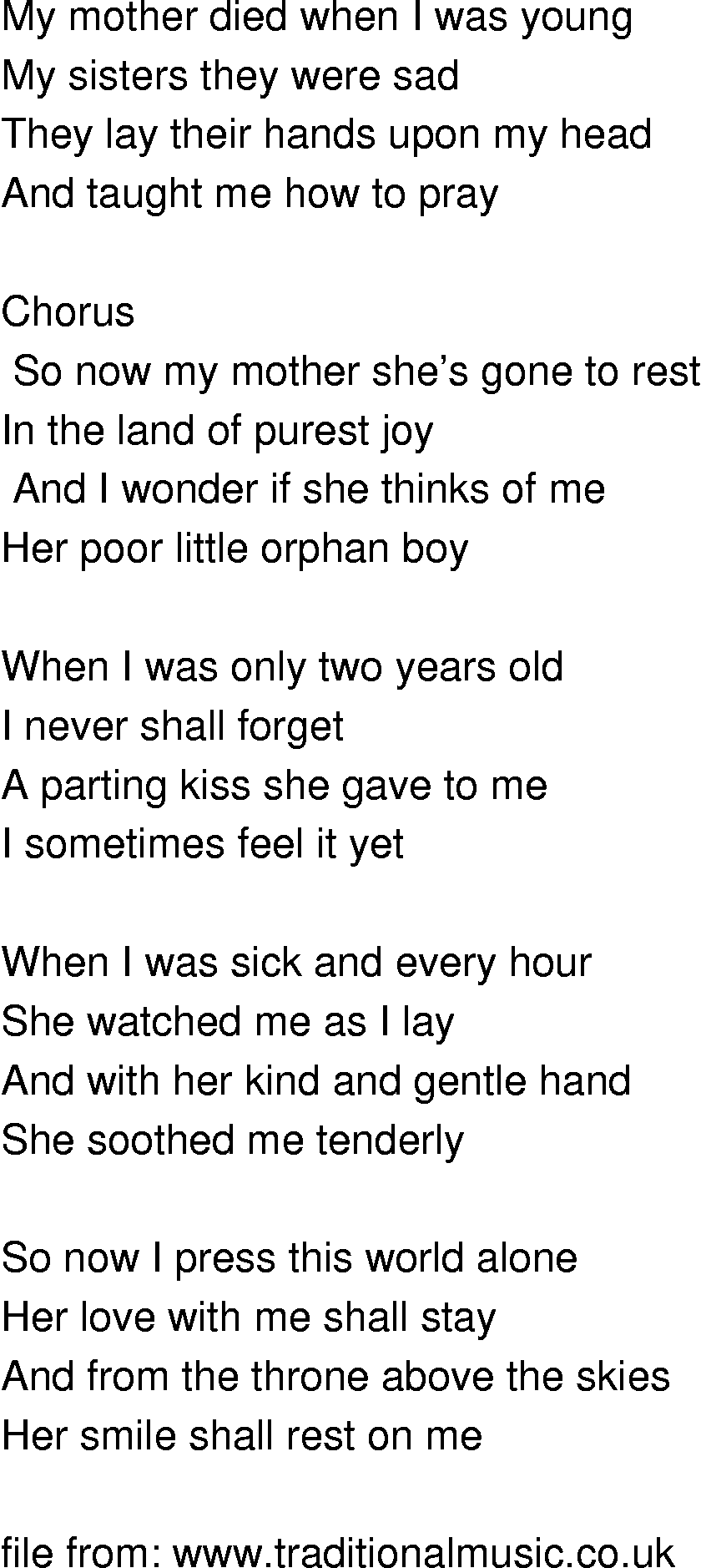 Old-Time (oldtimey) Song Lyrics - poor little orphaned boy