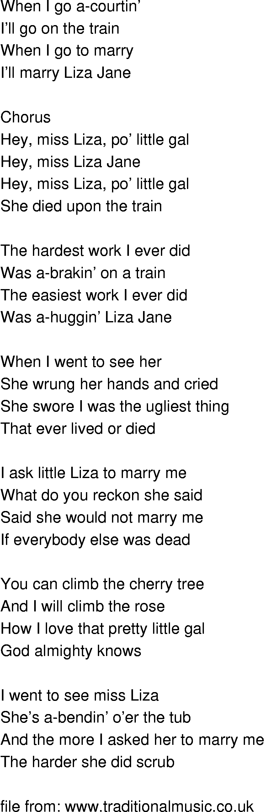 Old-Time (oldtimey) Song Lyrics - poor miss liza jane