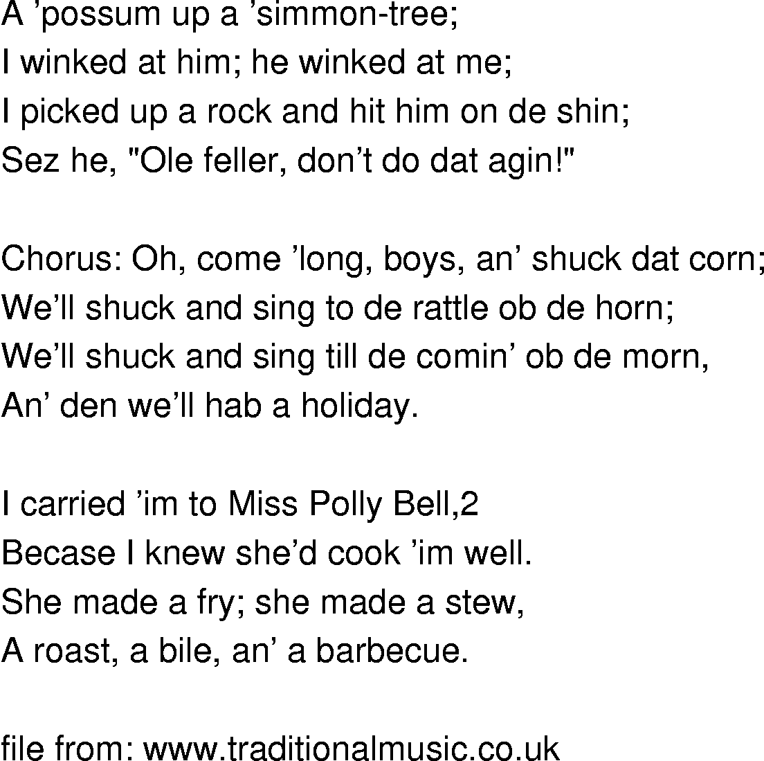 Old-Time (oldtimey) Song Lyrics - possum up a simmons tree