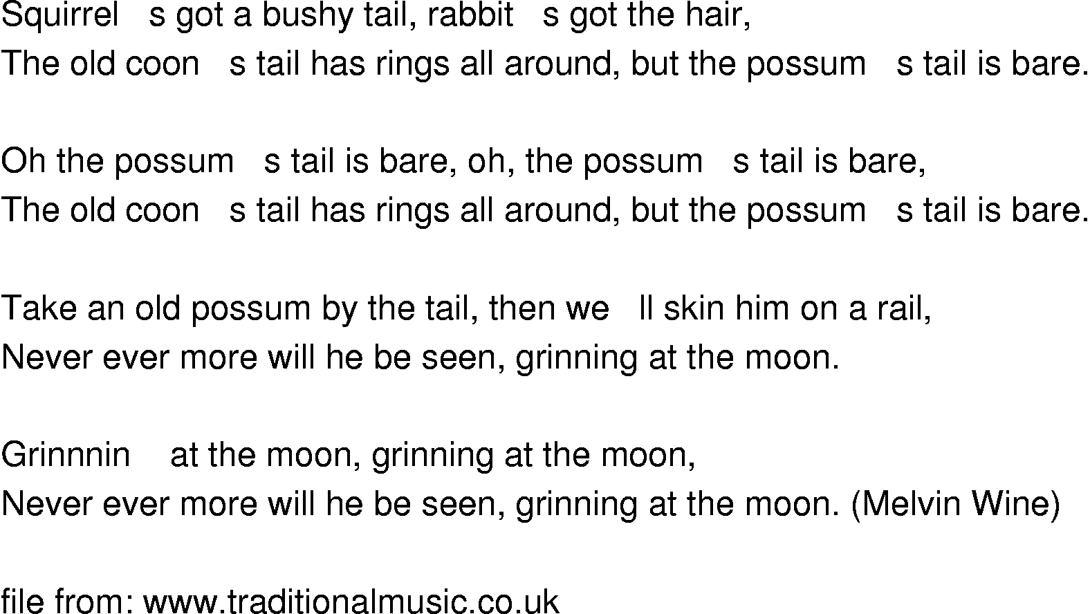 Old-Time (oldtimey) Song Lyrics - possum's tail is bare