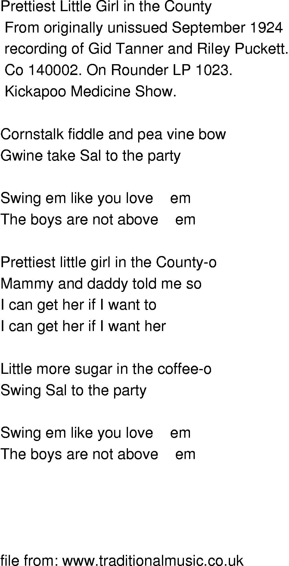Old-Time (oldtimey) Song Lyrics - prettiest little girl in the county