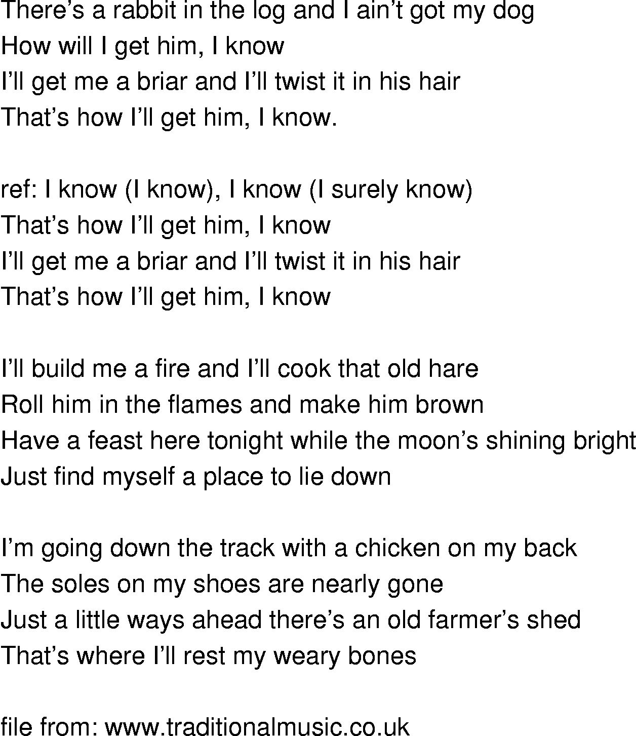 Old-Time (oldtimey) Song Lyrics - rabbit in the log