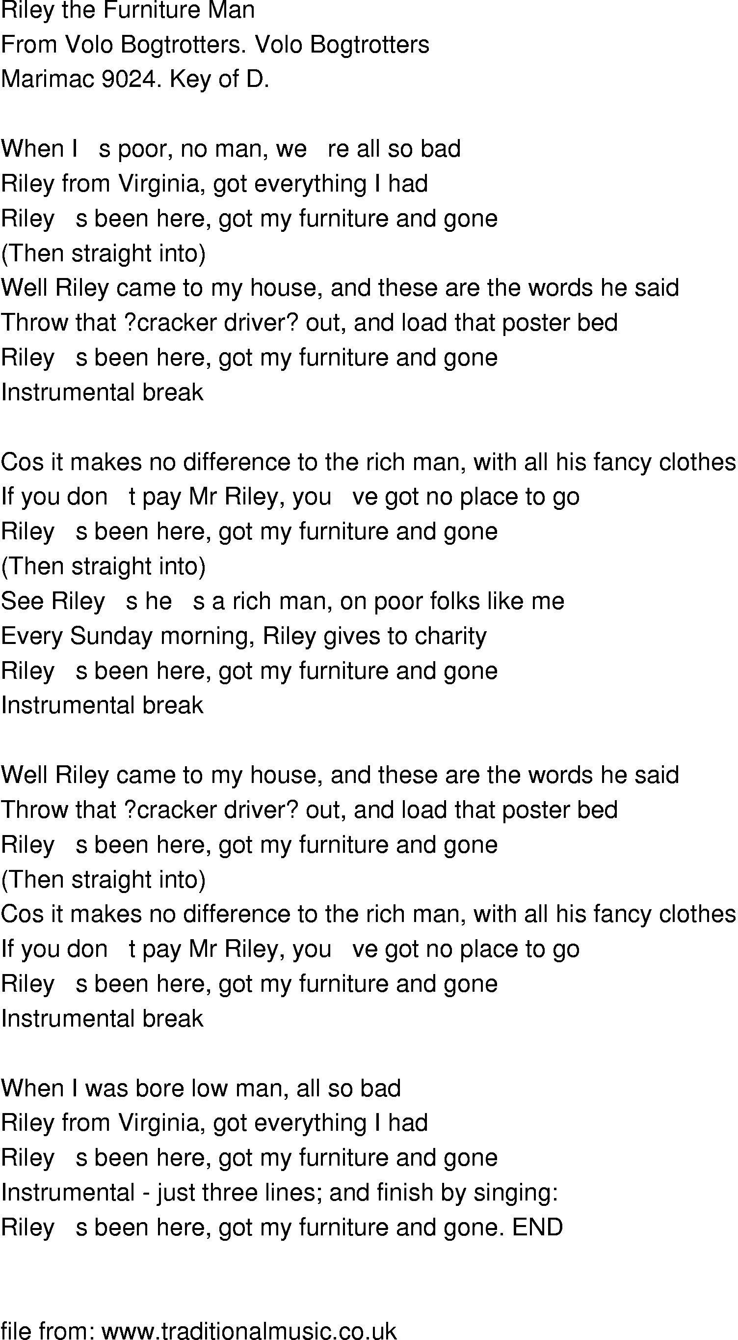 Old-Time (oldtimey) Song Lyrics - riley the furniture man