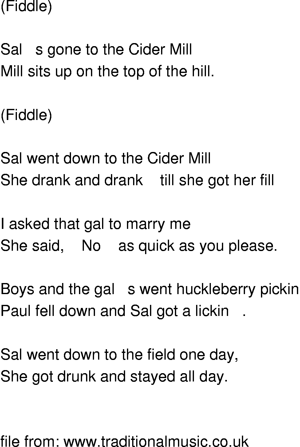 Old-Time (oldtimey) Song Lyrics - sal went down to cider mill