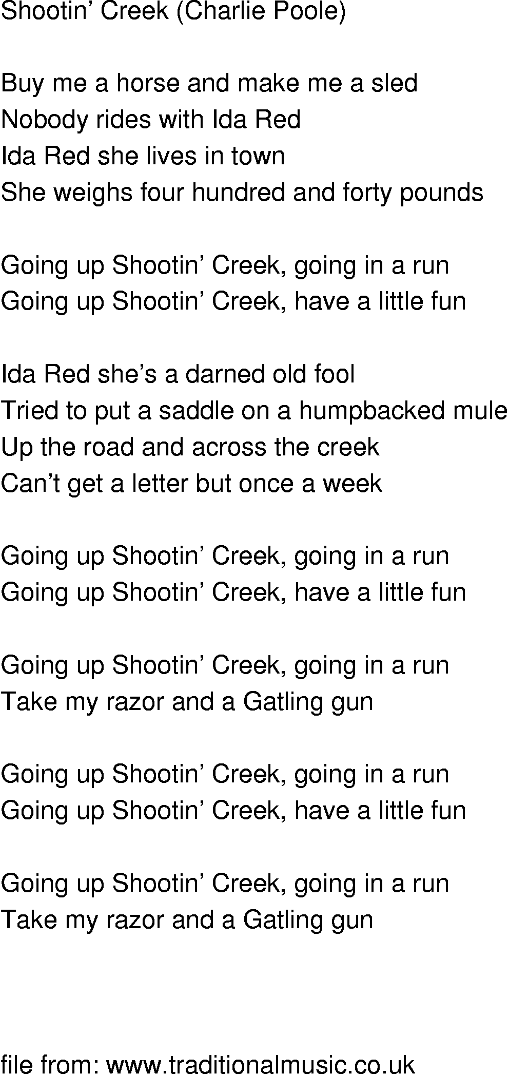 Old-Time (oldtimey) Song Lyrics - shootin creek