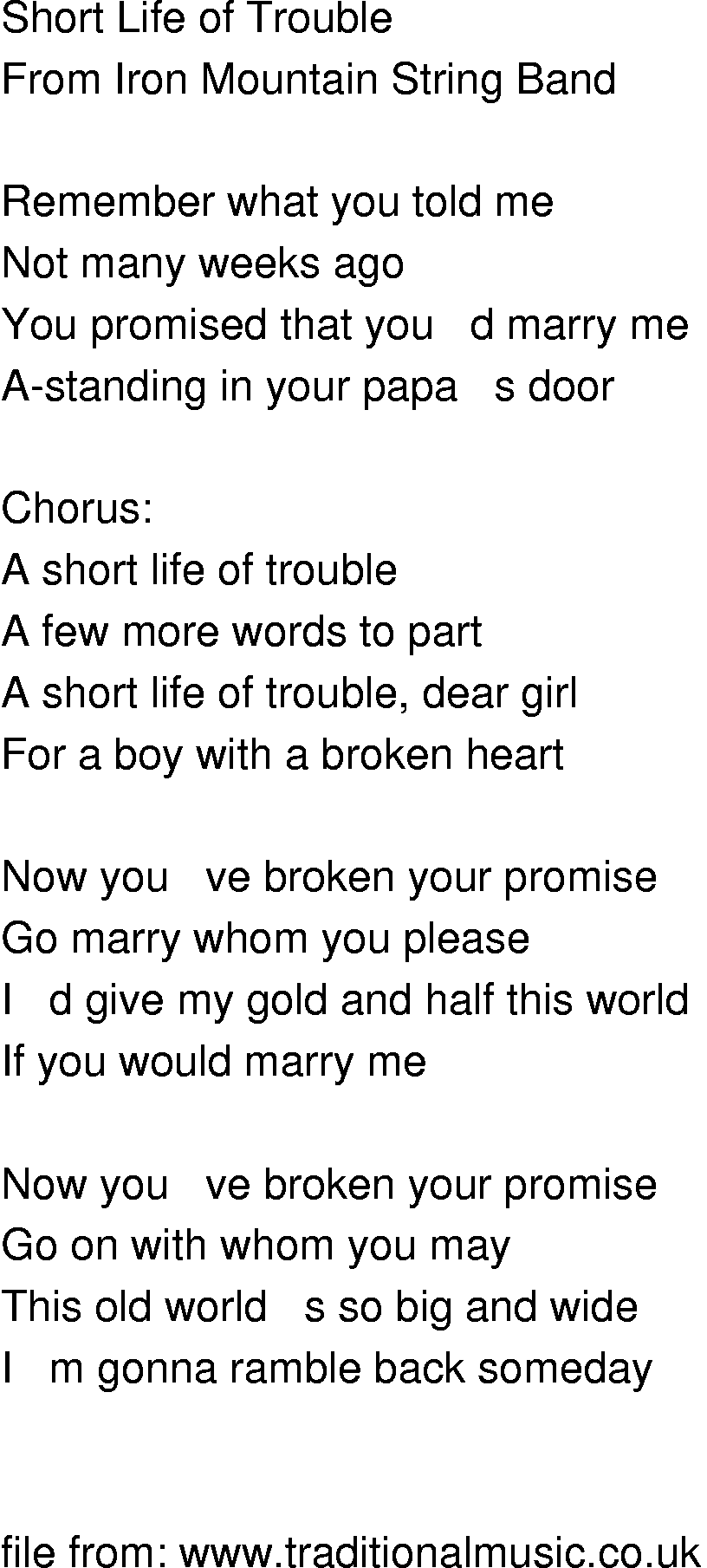 Old-Time (oldtimey) Song Lyrics - short life of trouble