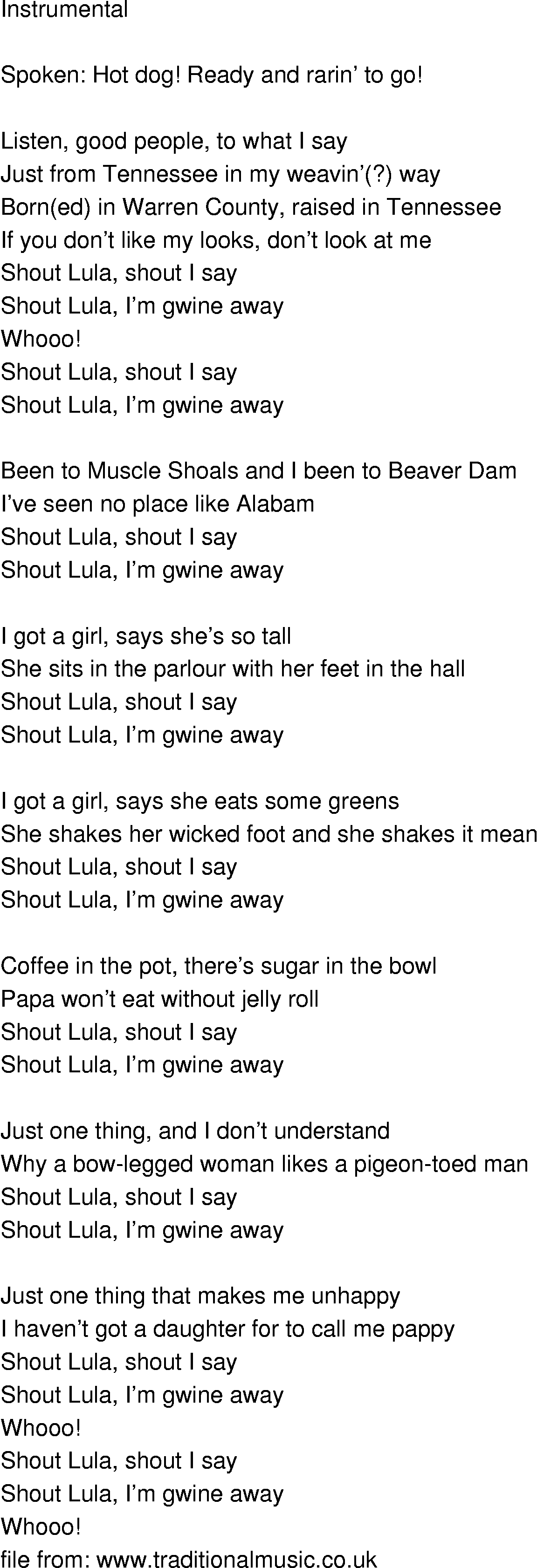 Old-Time (oldtimey) Song Lyrics - shout lula