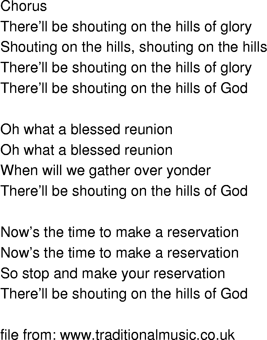 Old-Time (oldtimey) Song Lyrics - shouting on the hills of glory