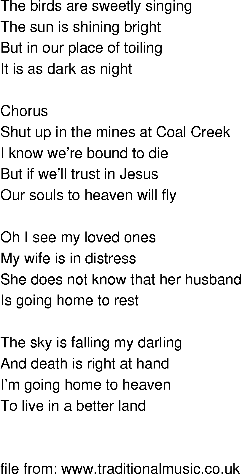 Old-Time (oldtimey) Song Lyrics - shut up in the mines of coal creek