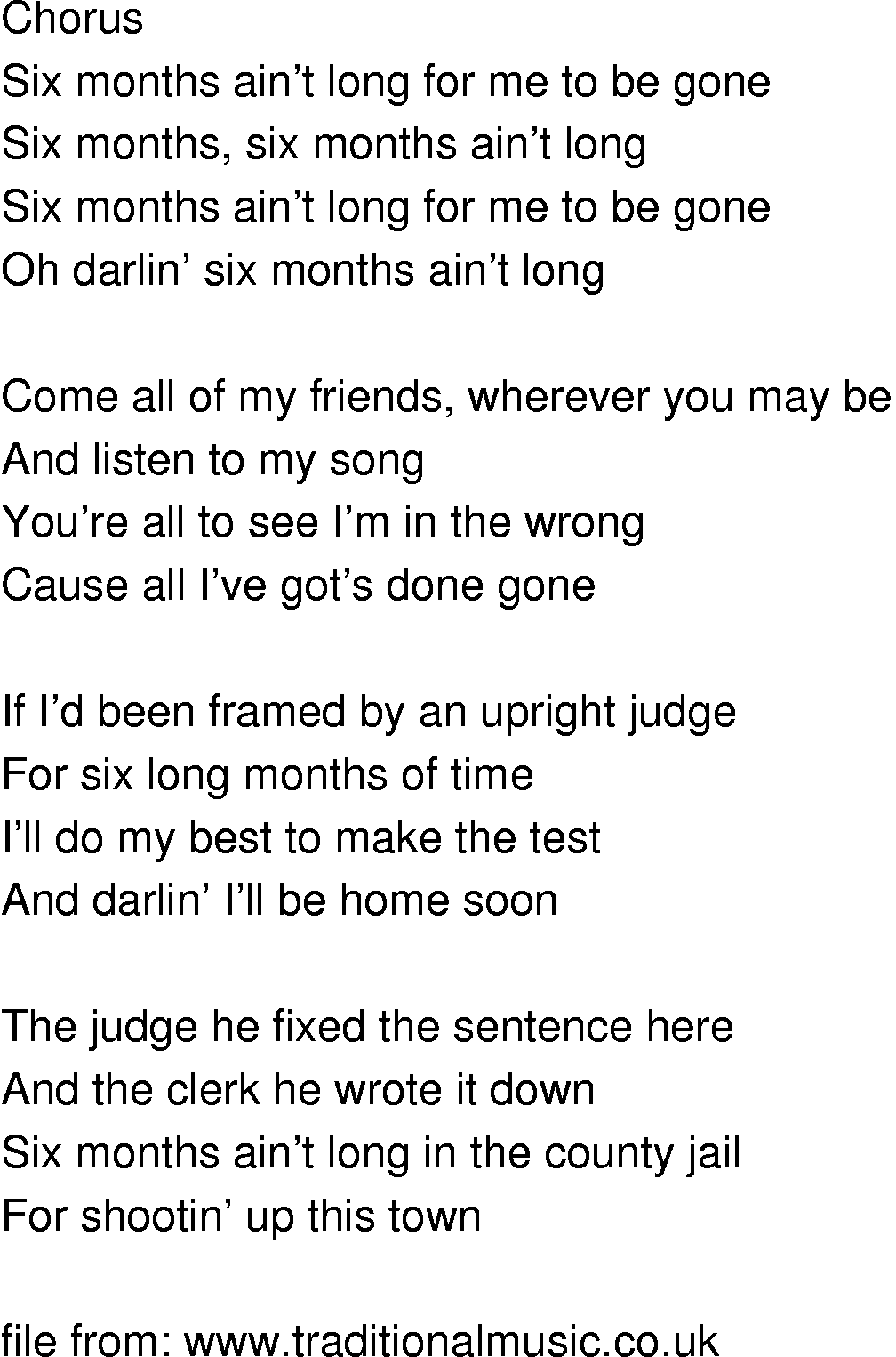 Old-Time (oldtimey) Song Lyrics - six months aint long