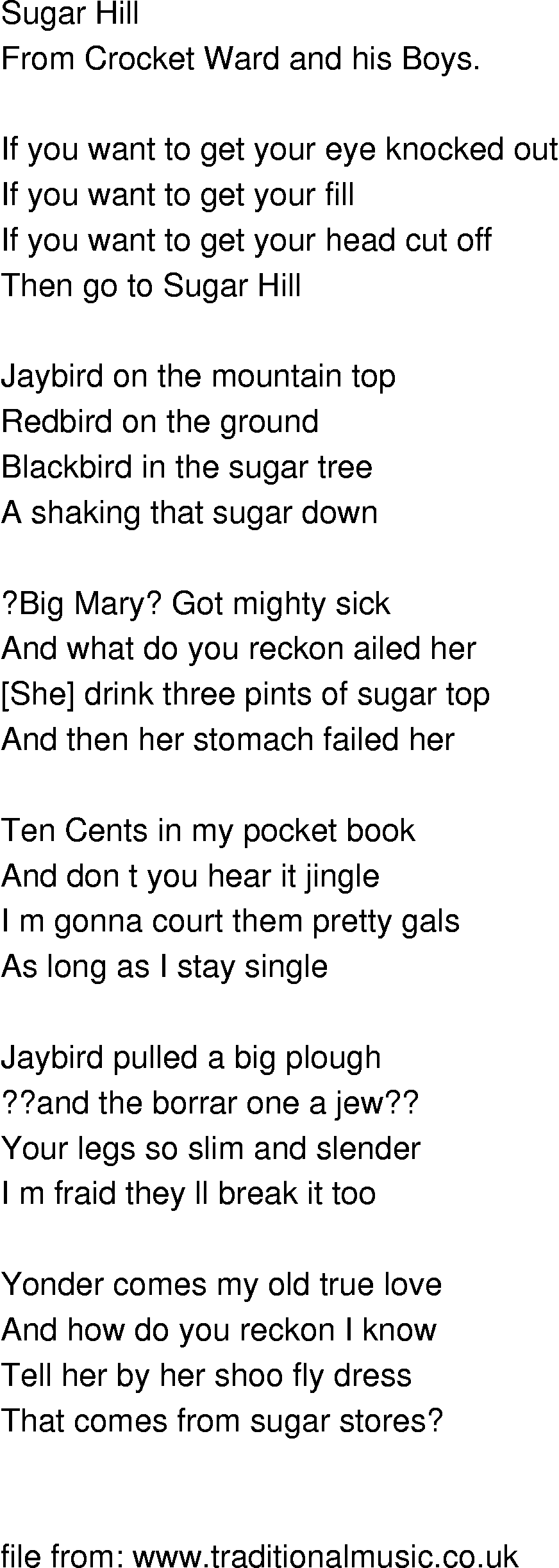 Old-Time (oldtimey) Song Lyrics - sugar hill