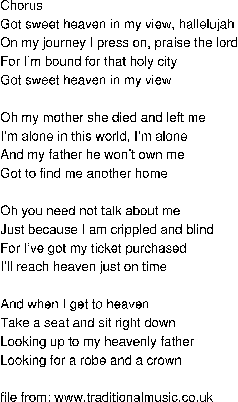 Old-Time (oldtimey) Song Lyrics - sweet heaven in my view