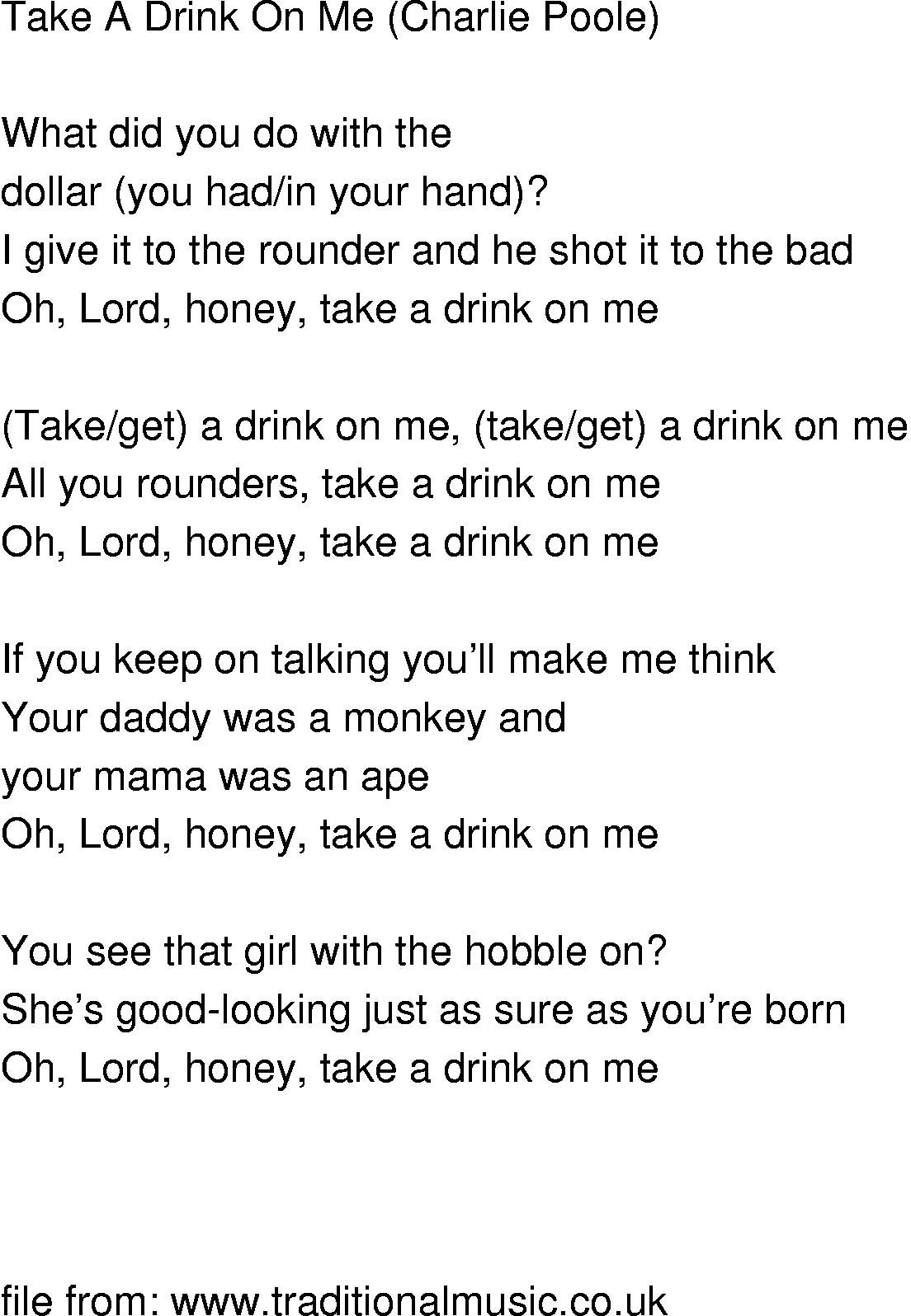 Old-Time (oldtimey) Song Lyrics - take a drink on me
