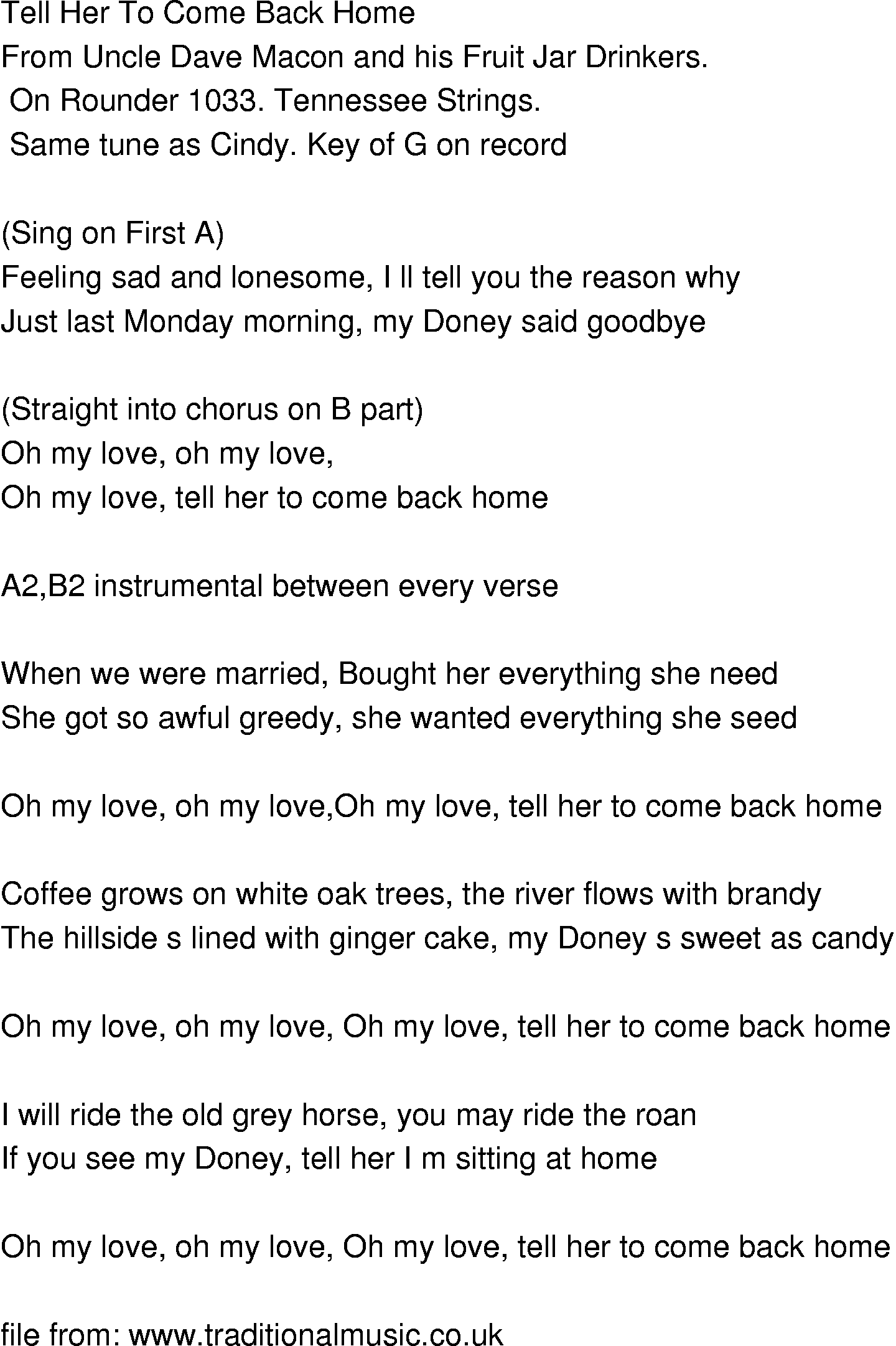 Old-Time (oldtimey) Song Lyrics - tell her to come back home