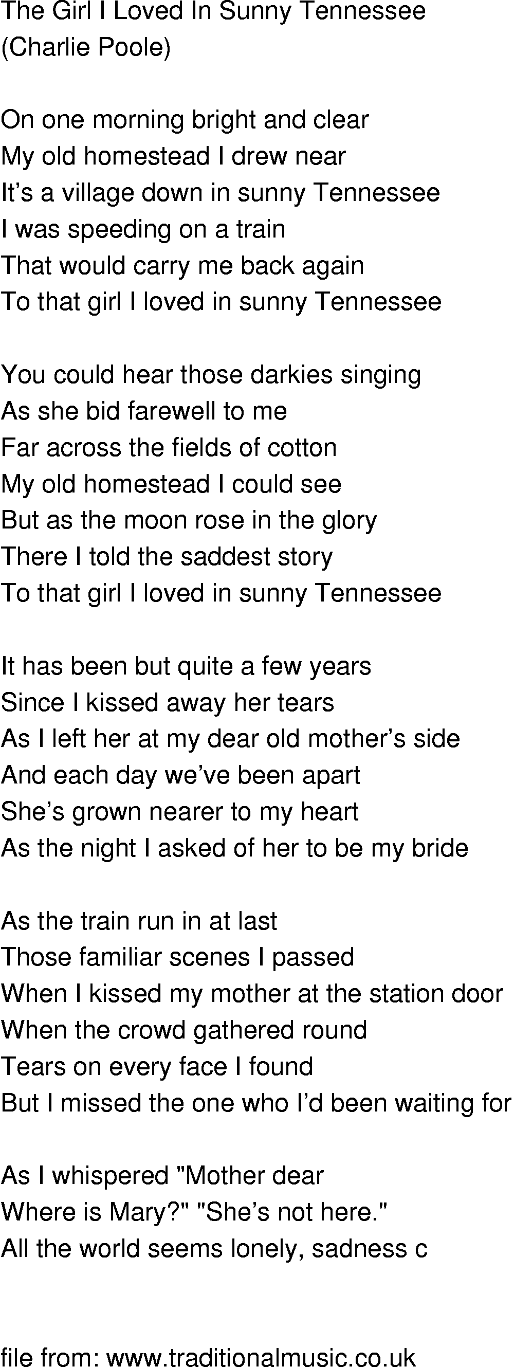Old-Time (oldtimey) Song Lyrics - the girl i loved in sunny tennessee