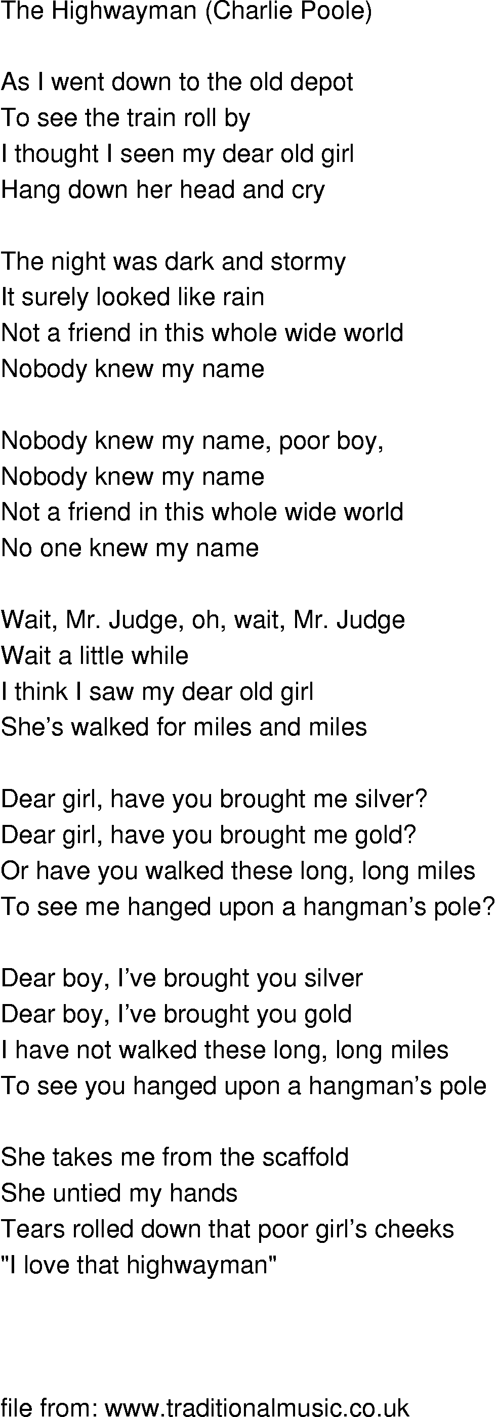 Old-Time (oldtimey) Song Lyrics - the highwayman