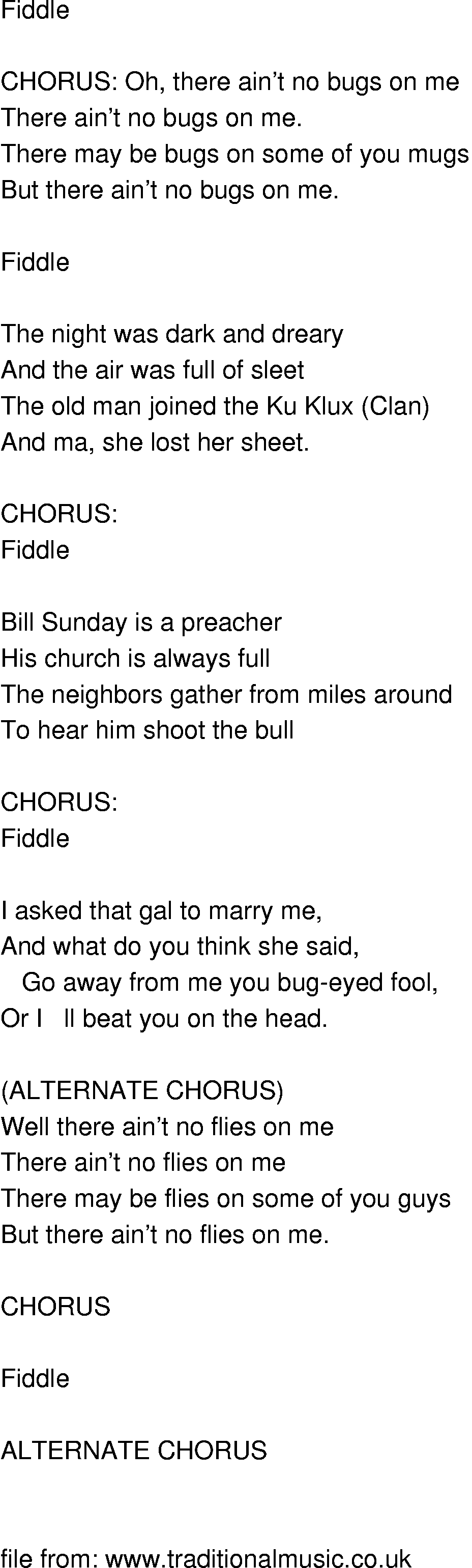 Old-Time (oldtimey) Song Lyrics - there aint no bugs on me