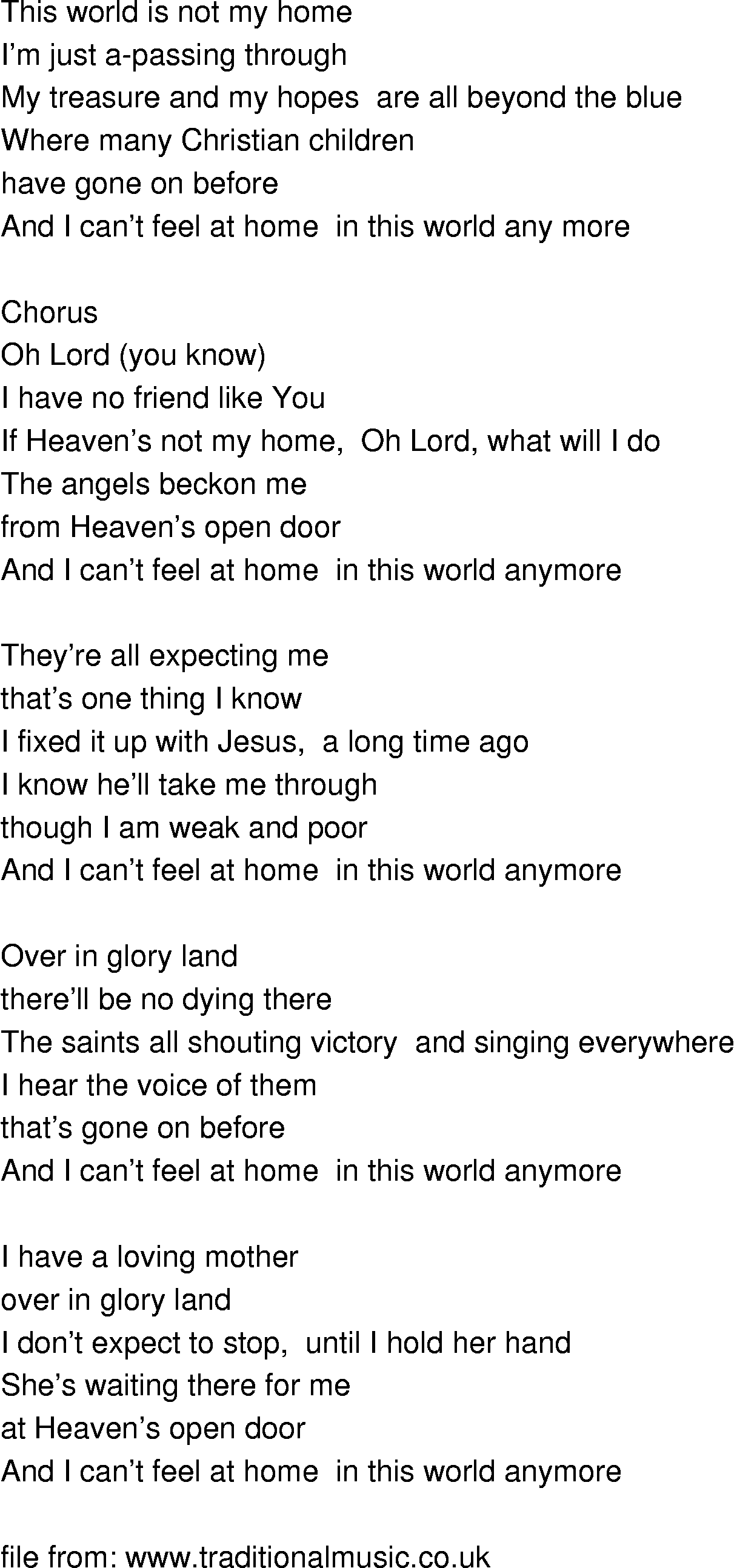 Old-Time (oldtimey) Song Lyrics - this world is not my home