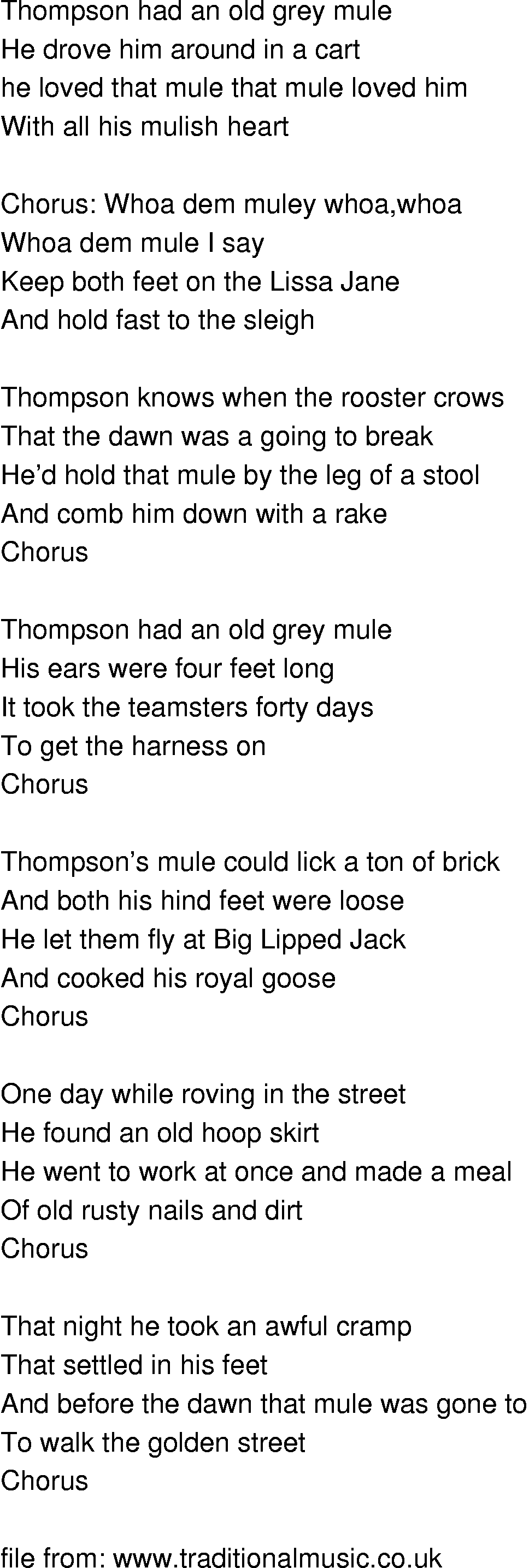 Old-Time (oldtimey) Song Lyrics - thompsons old grey mule