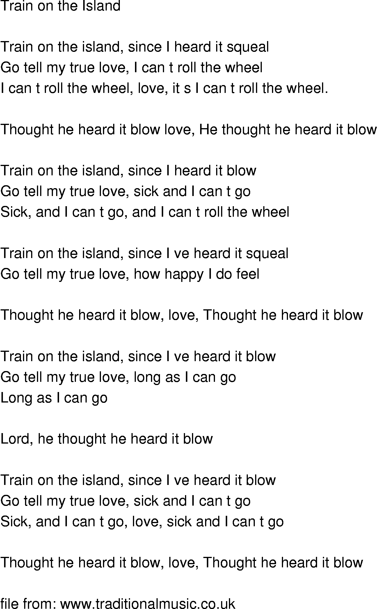 Old-Time (oldtimey) Song Lyrics - train on the island