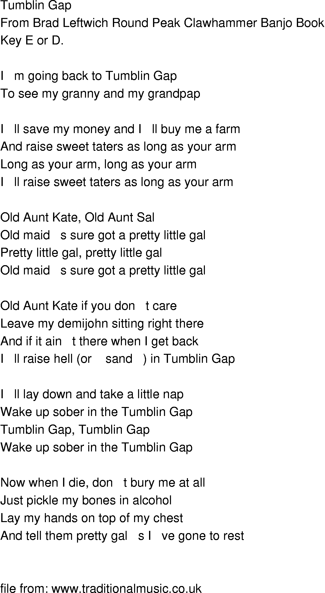 Old-Time (oldtimey) Song Lyrics - tumblin gap