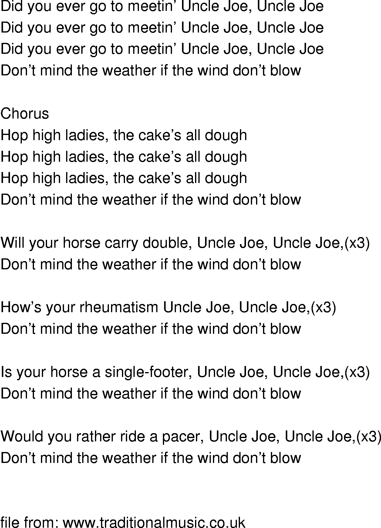 Old-Time (oldtimey) Song Lyrics - uncle joe