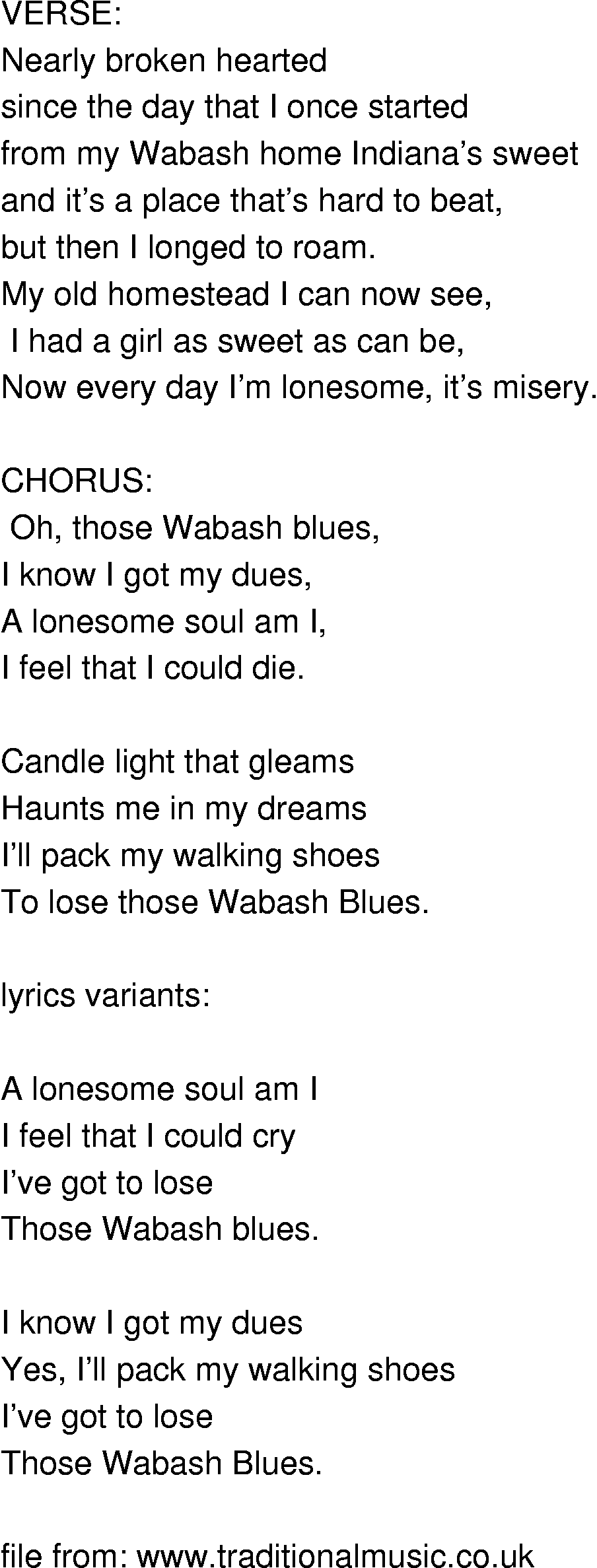 Old-Time (oldtimey) Song Lyrics - wabash blues