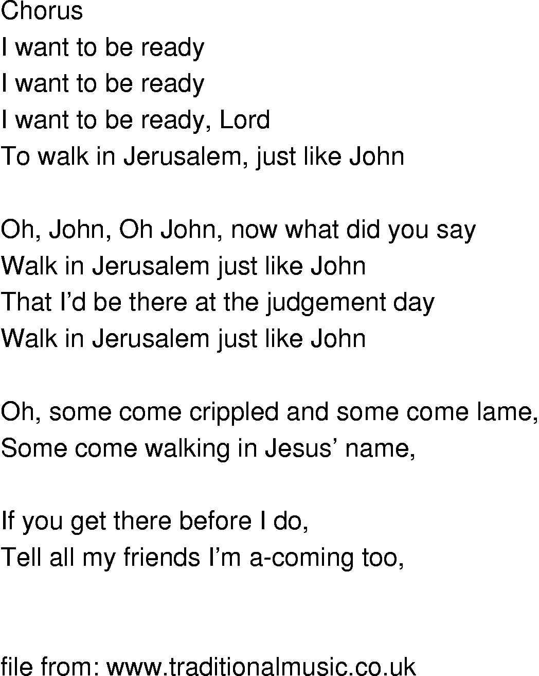 Old-Time (oldtimey) Song Lyrics - walk in jerusalem just like john