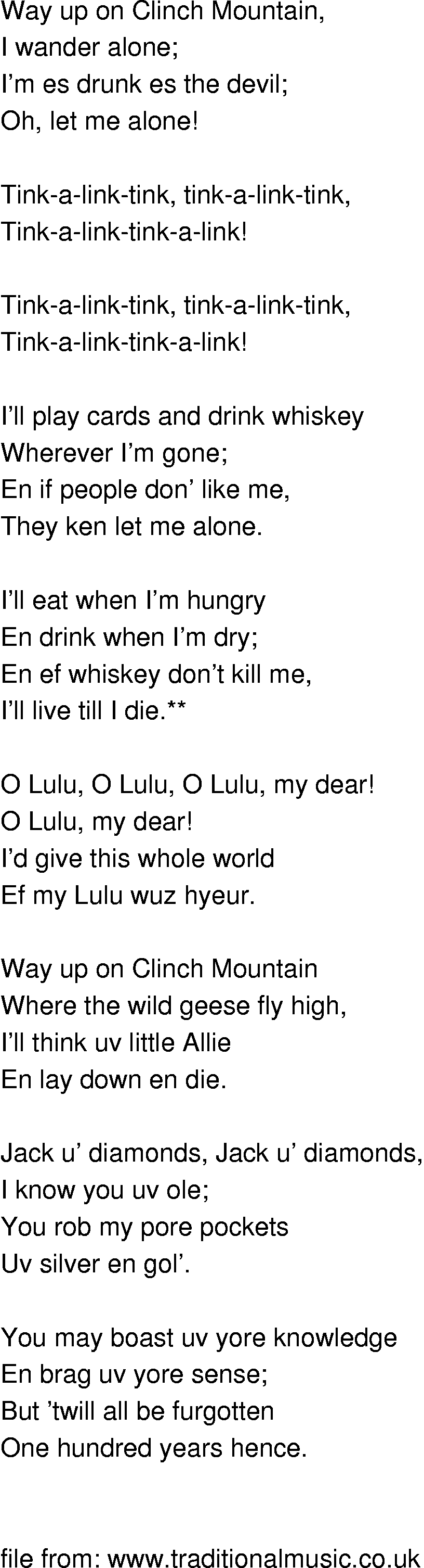 Old-Time (oldtimey) Song Lyrics - way up on clinch mountain