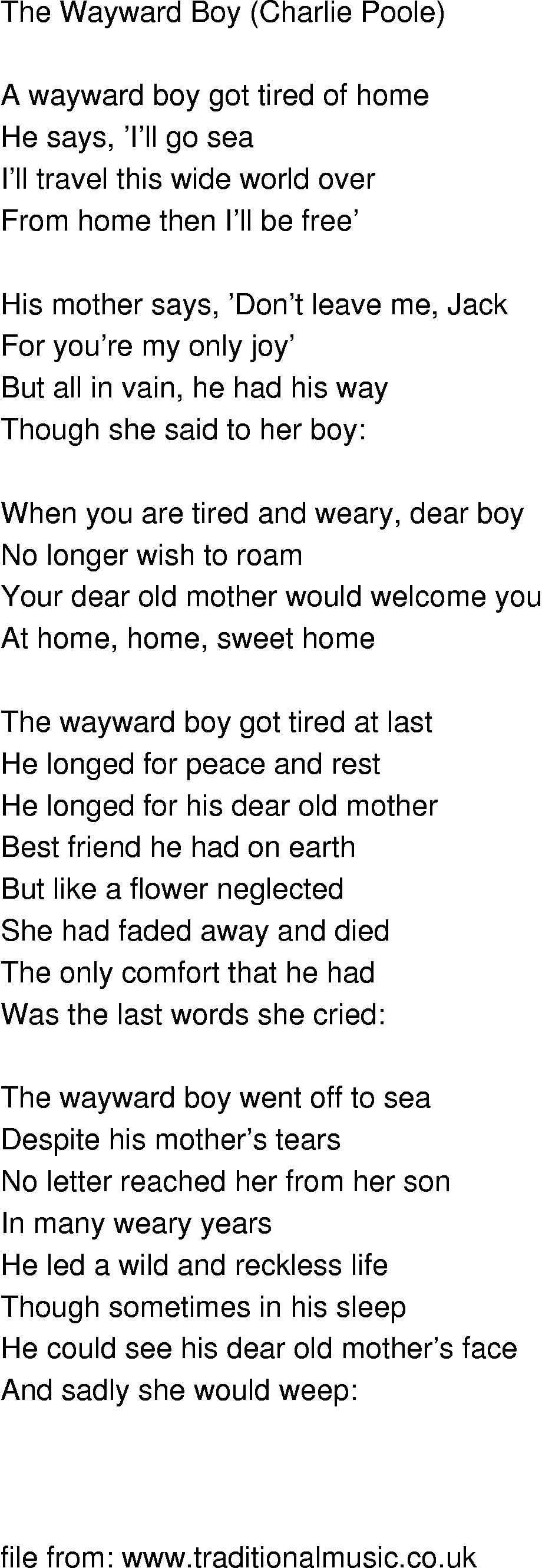 Old-Time (oldtimey) Song Lyrics - wayward boy