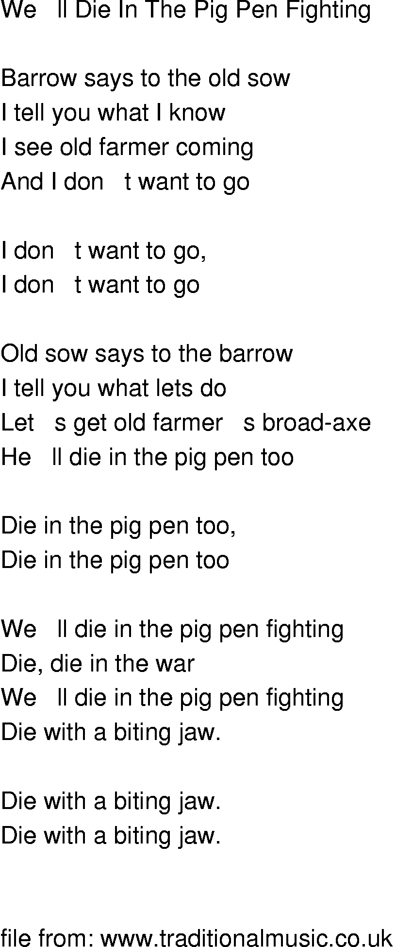 Old-Time (oldtimey) Song Lyrics - we'll die in the pig pen fighting