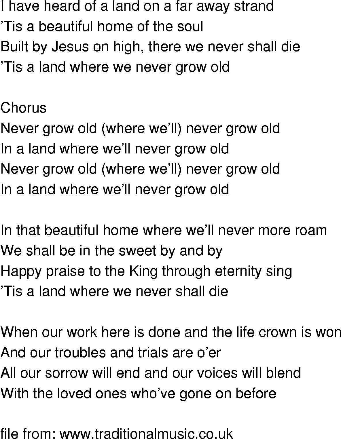 Old-Time (oldtimey) Song Lyrics - where well never grow old