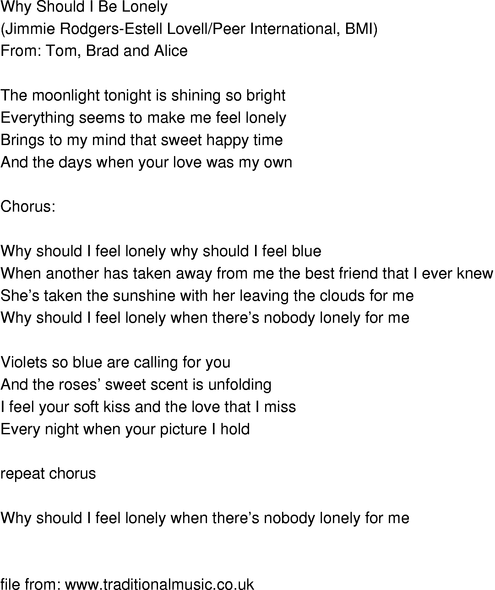 Old-Time (oldtimey) Song Lyrics - why should i be lonely