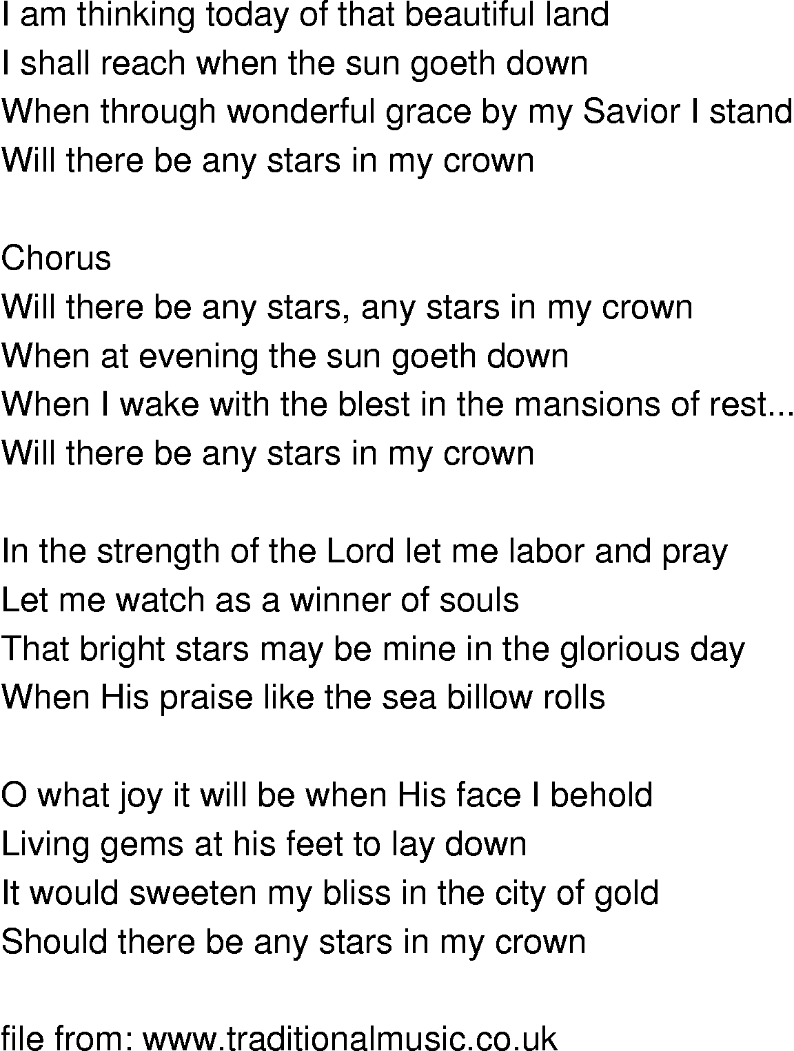 Old-Time (oldtimey) Song Lyrics - will there be any stars in my crown
